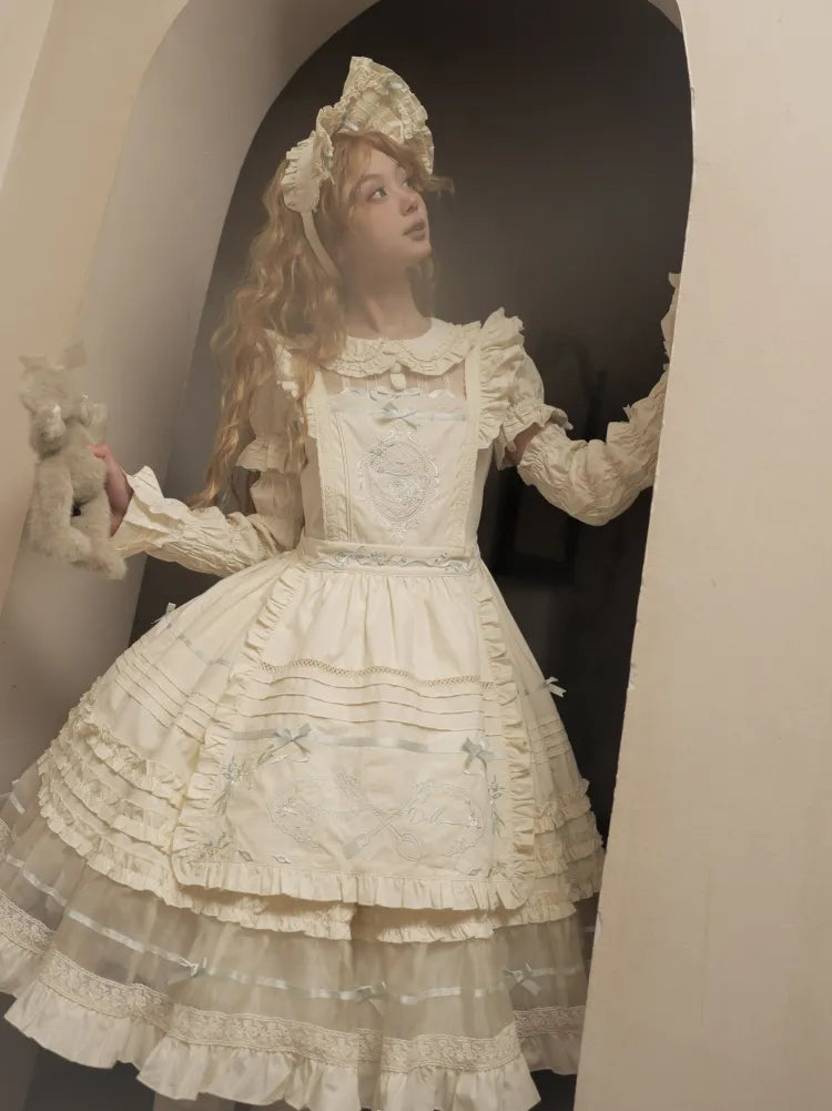 Dress Bow Collar Lolita Green Beige Cotton and Mint Pan Accents Peter