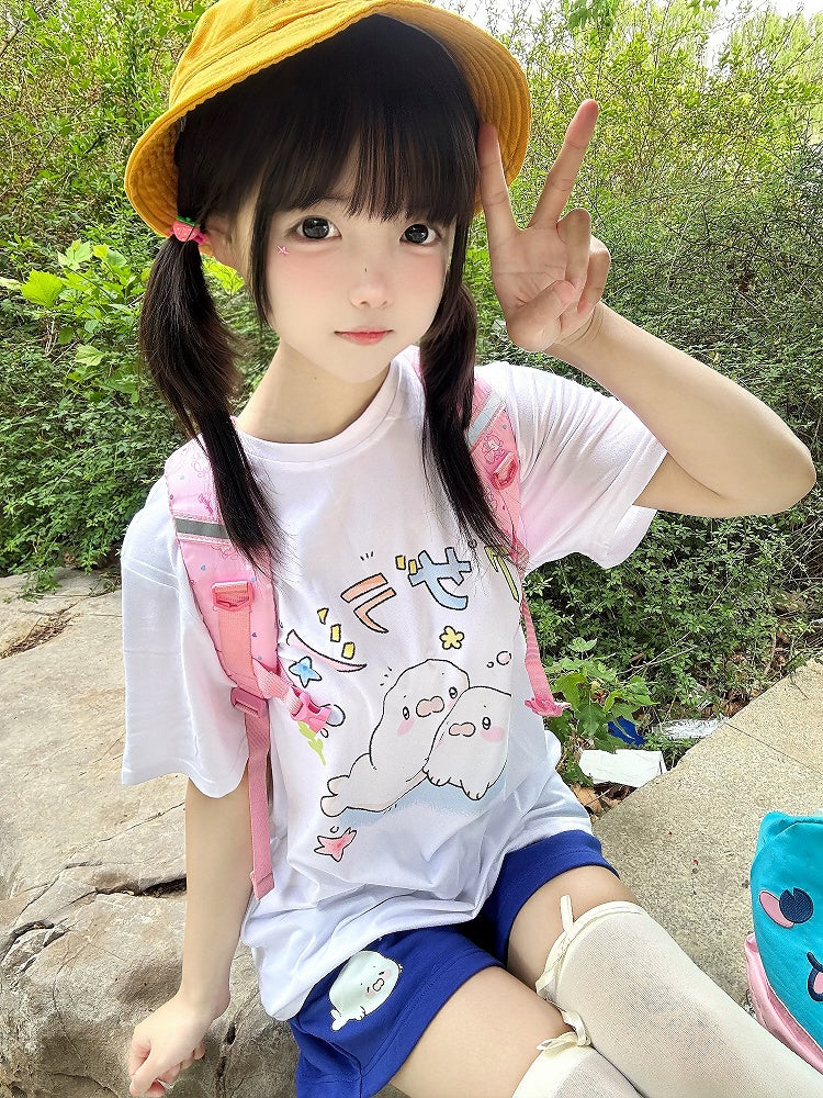 Print Shorts Drawstring Seal Blue Cute Navy Waist