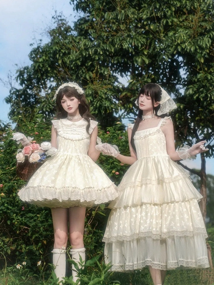 Butterfly Lolita Peter OP Lace Creamy Set Full Patched Pan Dress Collar