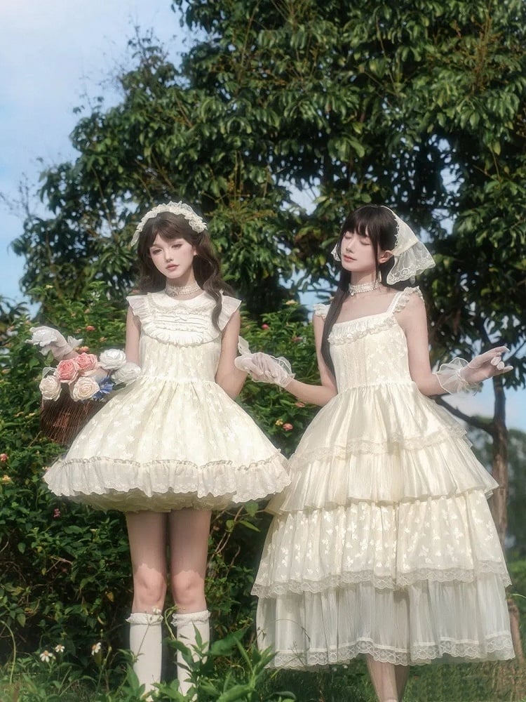 Butterfly Skirt Jumper Lolita Elegant Lace Layered Patches Creamy Dress
