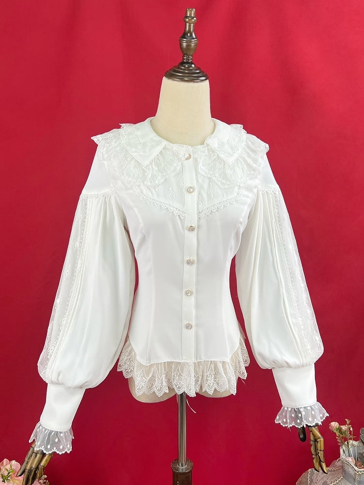 White Double Layered Collar Elegant Long Slevees Shirt