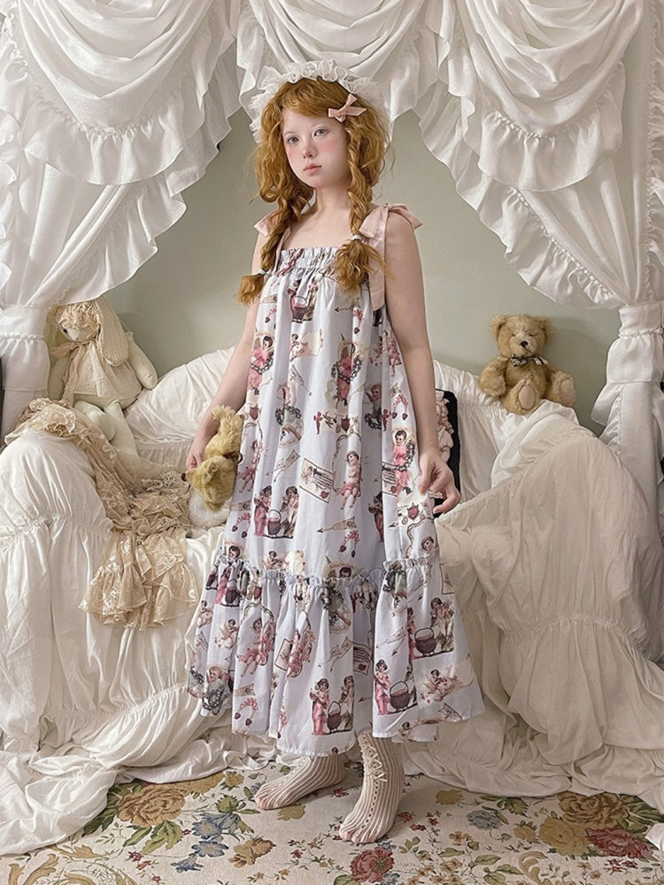 Angel Print Flounce Hem Pajama Dress