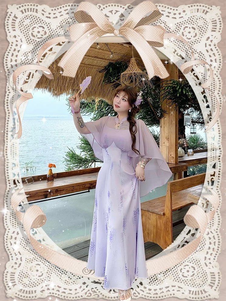 Qipao Design Dress Plus Size Cheongsam Style Purple Print Cape Wisteria