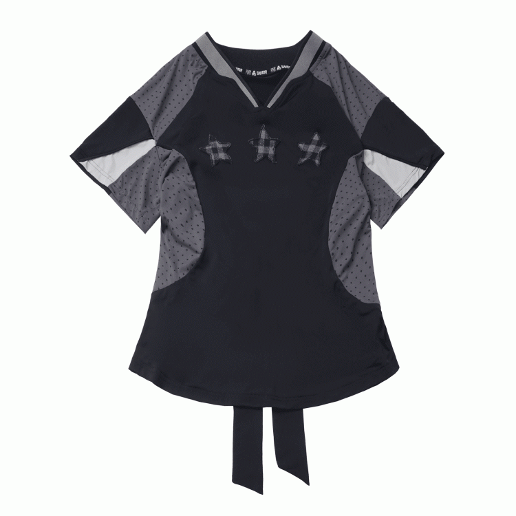 T-shirt Star Appliques V-neck Sports Colorblock Design Plaid Black/Gray