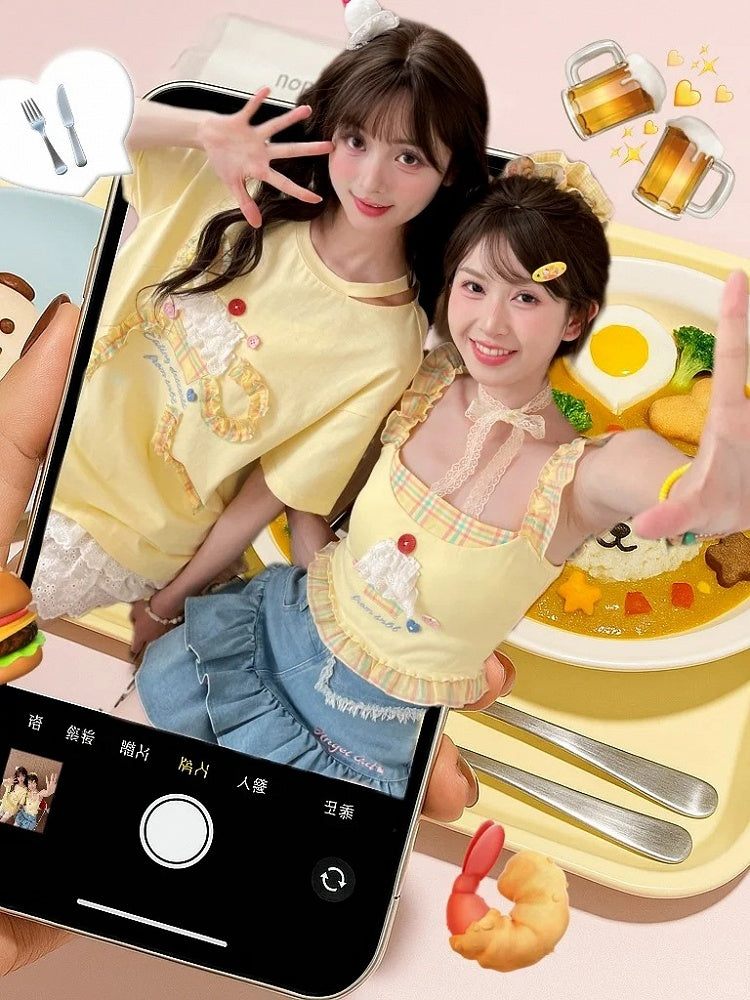 Bowknot Tiered Ruffled Big Cake Yellow Cotton T-shirt Design Lace