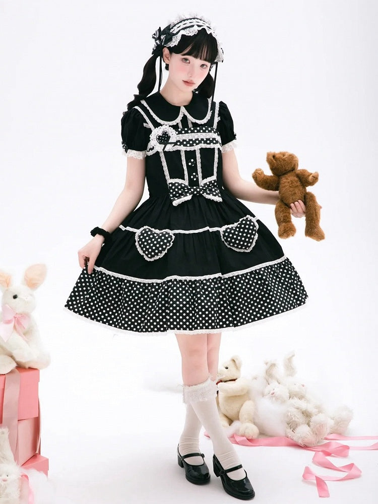 Dress School Polka Old Black Cotton White Dots Lolita