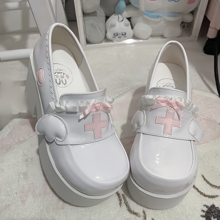 Jirai Kei Pink Yami Kawaii Plateau-Slipper mit Kreuzschleife