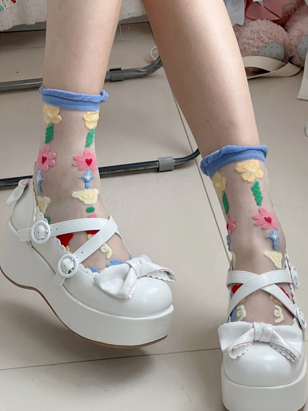 Floral Calf Semi-sheer Socks Pattern Pink/Blue/Beige