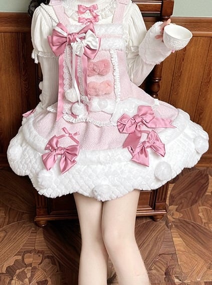 Pom-poms Pink with Lolita Overalls Trim Scalloped Sweet Dress White Bowknots Edge and