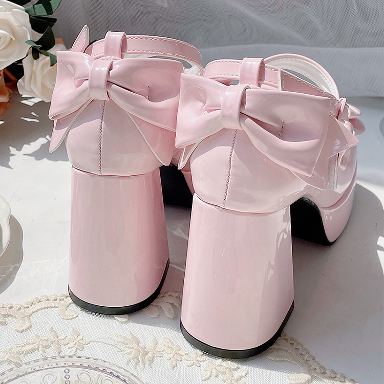 Rosa Lolita-Schuhe mit Schleife und Plateau und hohem Blockabsatz