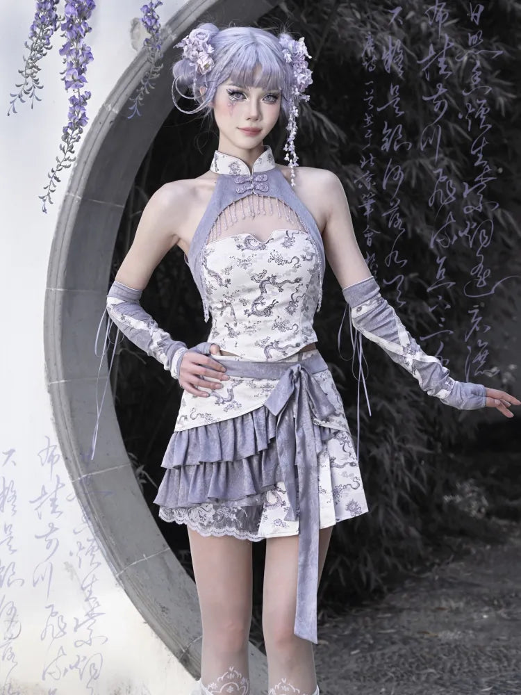 Purple Fabric Shorts Print Skirt Lining S Chinoiserie Dragon Clearance-Size 65-69CM Waist for with
