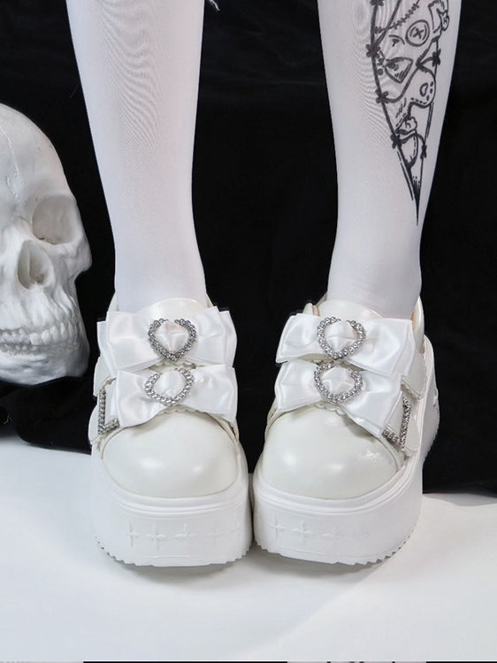 Details PU Kei White Rhinestone Shoes Version Platform Bow Heart Decor Slip-in Fit Jirai Design Regular/Thicken in