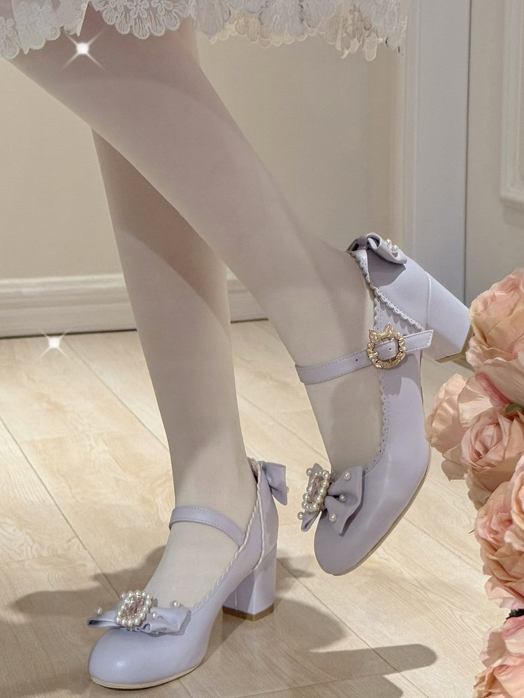 Janes Bowknot Lolita Details Perlen verziert Mary Strass Zehen rund und Schuhe lila
