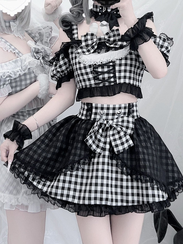Off-the-shoulder Choker Bowknot+ Design Bunny Waist Plaid Idol High Neckline Skirt+ Set- Ears + Top Jirai Kei Black