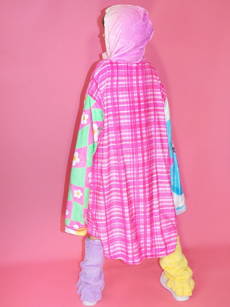 Colorful Oversized Floral And Pattern Hooded Cartoon Print Y2K Dress Plaid
