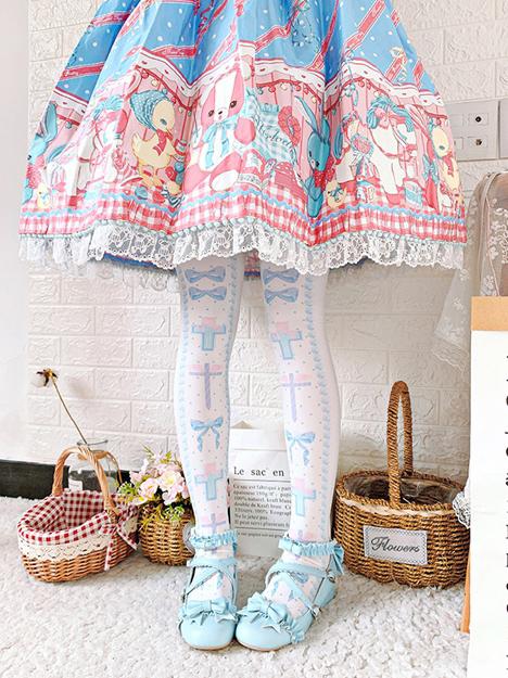 Black/Pink/Blue Sweet Lolita Cross and Bowknot Print Overknee Stockings