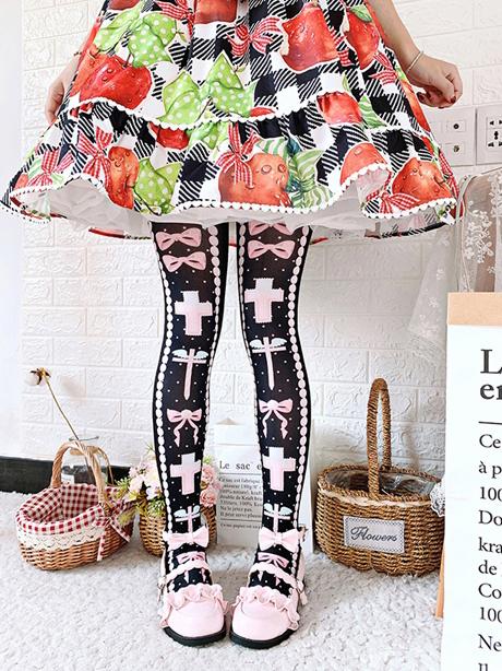 Black/Pink/Blue Sweet Lolita Cross and Bowknot Print Overknee Stockings