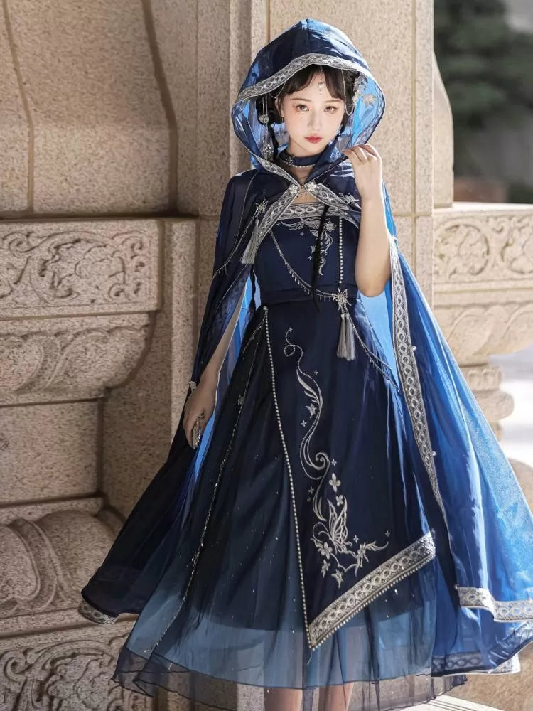 Night + Blue Embroidery Dress Long Dark Butterfly Starry Dreamy