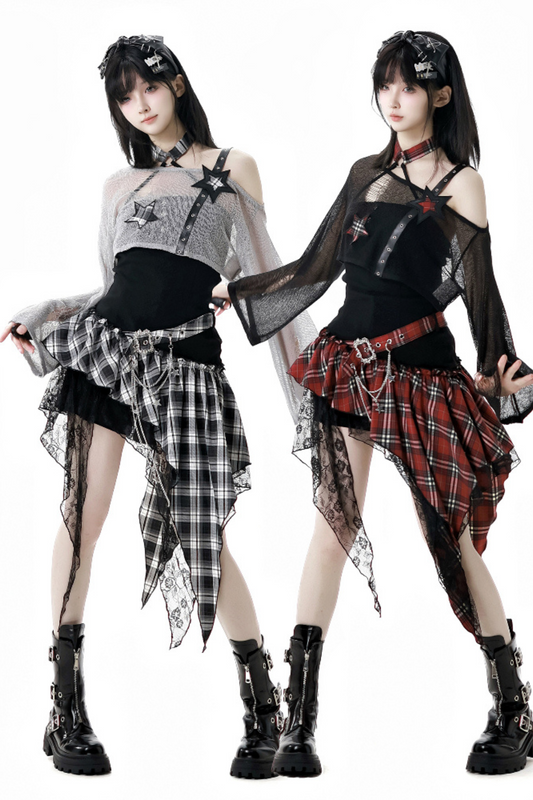 Chic Shoulder Rock Kurzes Einteilerkleid + Shorts Top Karo