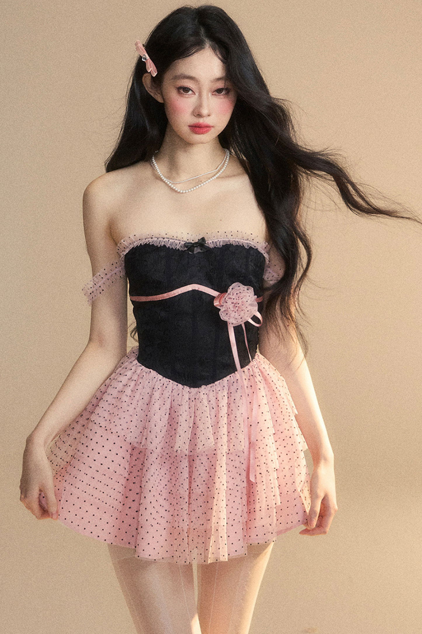 Top Lace Pink Tube Black Dress