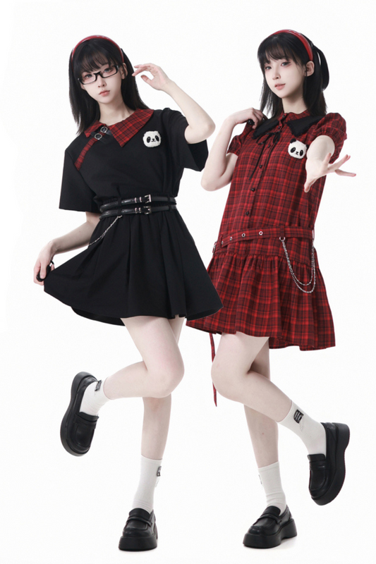 Comic Crop Top Rock Kleid Plissee Love Check Panda +