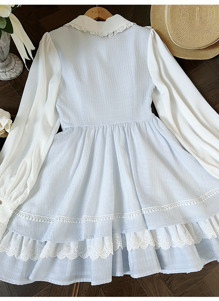 Tenshi Kaiwai - Robe Jirai Kei bleue à col claudine et bordure en dentelle à volants