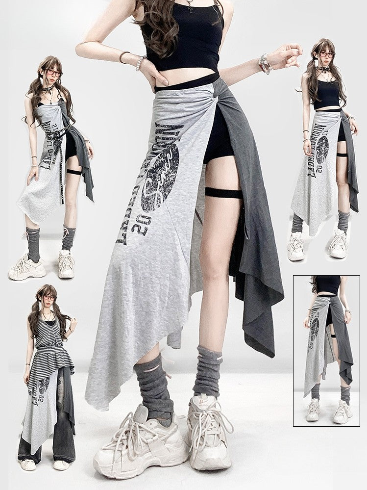 Shorts Hem Black Slit With Letter Asymmetrical Side Skirt Gray Print Glamorous