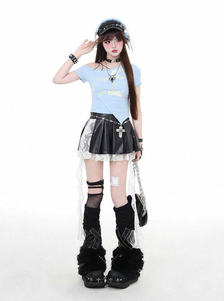 T-Shirt Glamorous Cropped Black/Light Blue Asymmetrical Neckline and Hem