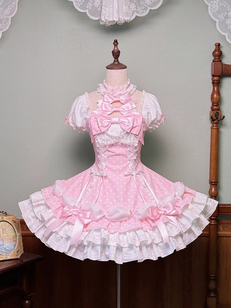 Ärmel Polka und Pink Alt mit Kleid Lolita Akzente Schleife Hals Neckholder Dot Puff Schule