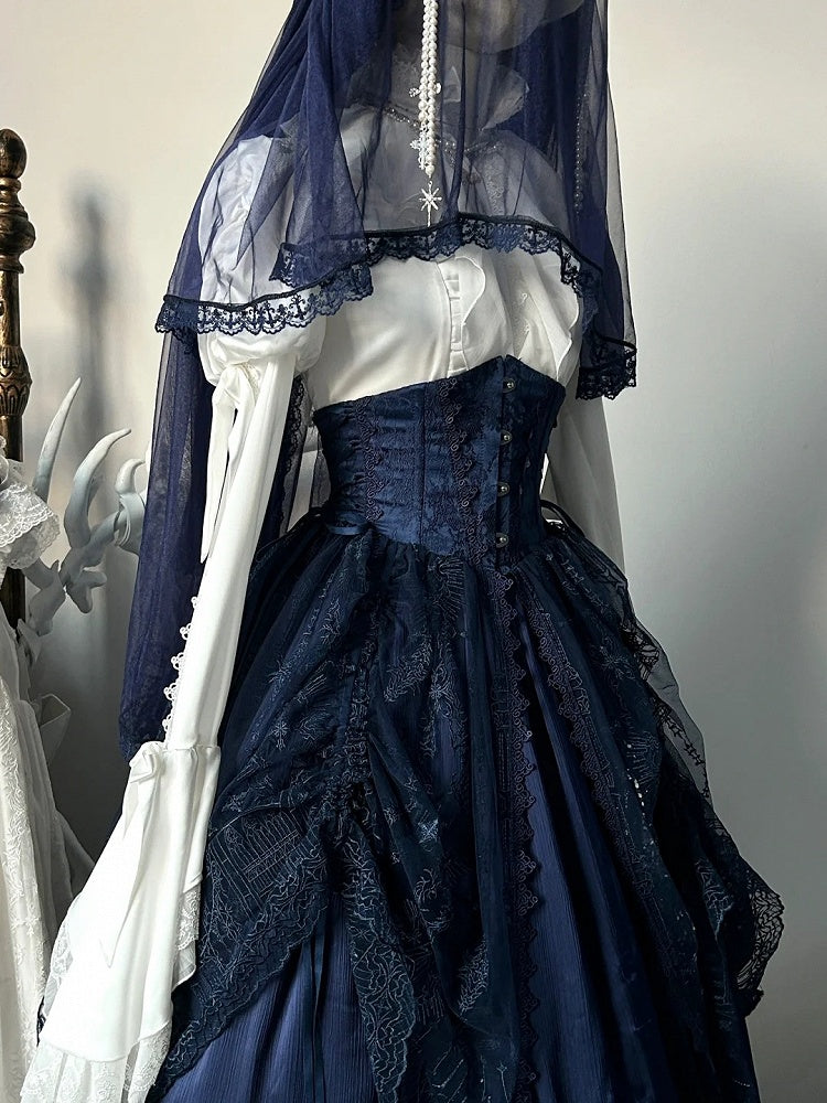 Dark Blue Gothic Lolita Corset Belt with Drawstring Design Cathedral Overlay