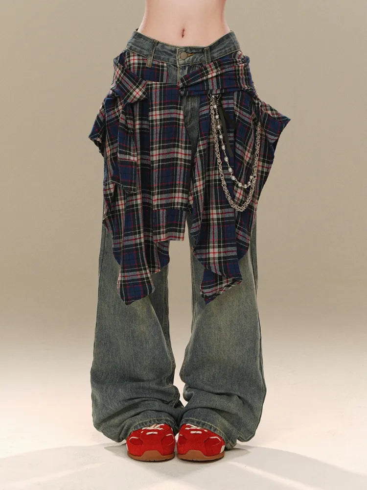 Wide-leg Plaid Jeans Accessory with Cut Blue