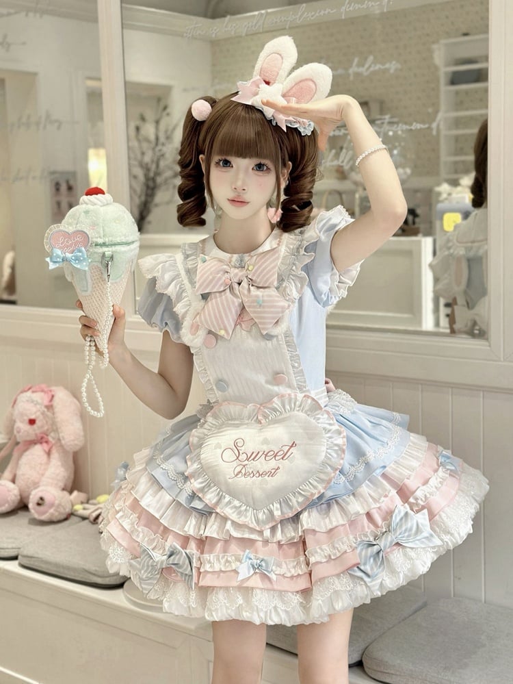 Lolita Blue Bunny Pink Maid and Puff Theme Sleeves Dress Sweet