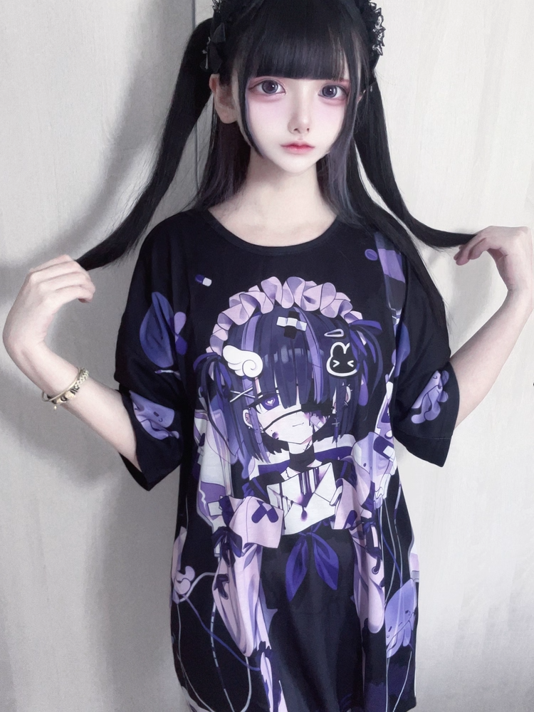 T-shirt Dark Otaku Aesthetic Black Kawaii Round Neck /White with Yami Anime Print