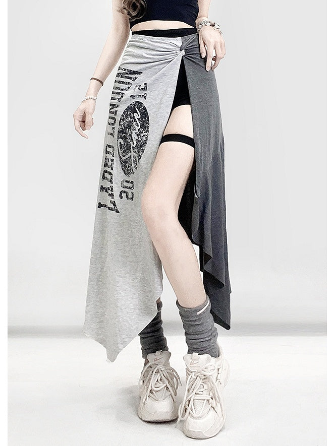Shorts Hem Black Slit With Letter Asymmetrical Side Skirt Gray Print Glamorous