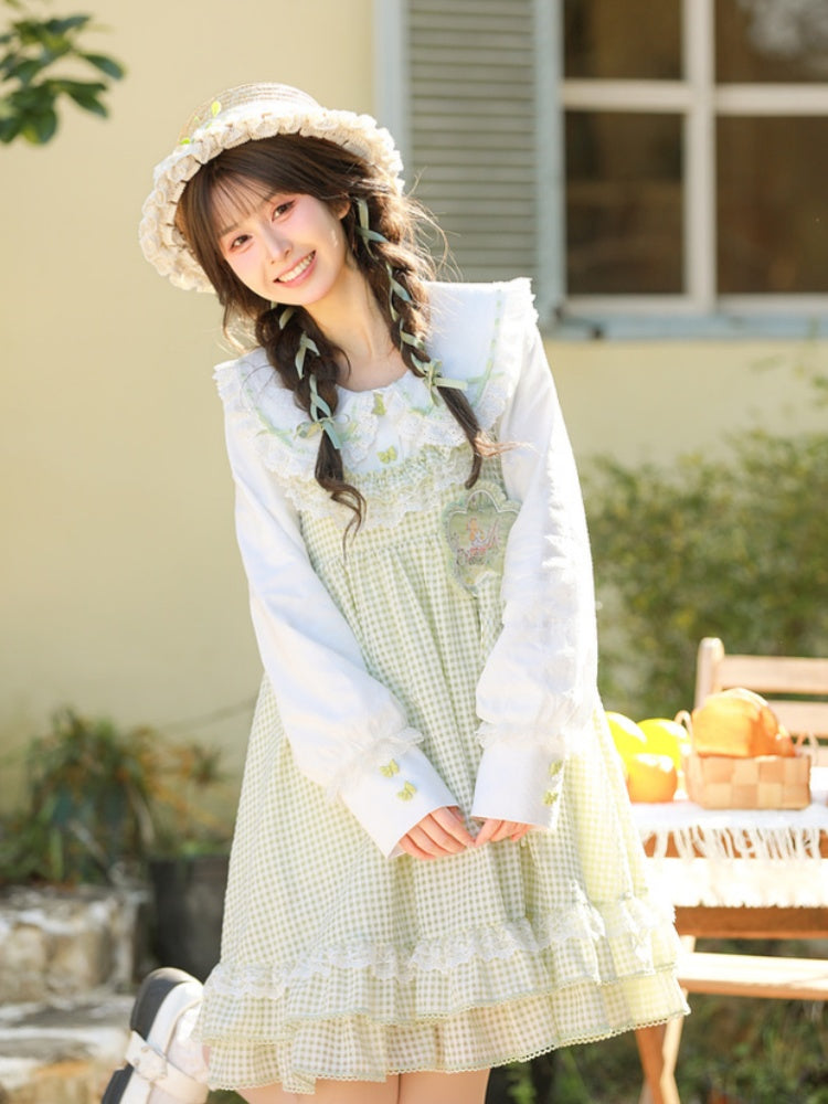 Green and White Plaid Ruffle Hem Overalls Mori Kei Dress