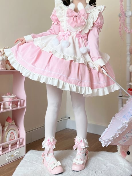 Ears Sleeves Short Sailor Apron Lolita Dress Pink Maid Bunny White with Collar