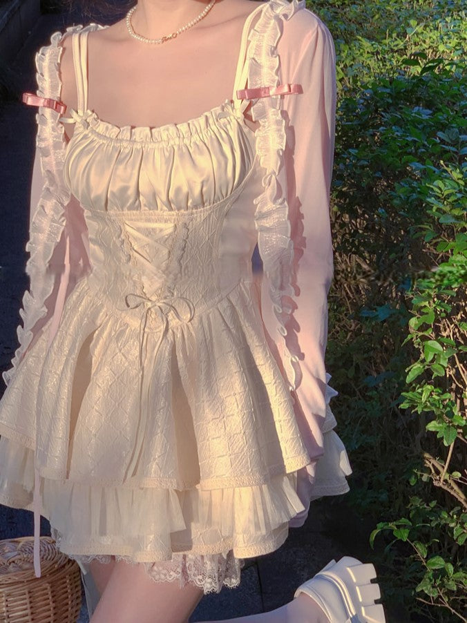 Bow Knit Pink Straps Lace Trim Cardigan With Self-tie