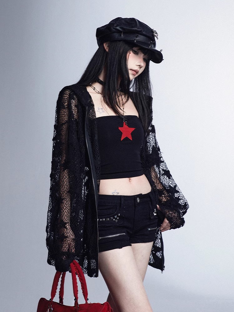 Glamorous Vintage Black Slim-fitting Bustier Top Red Star Print Cropped
