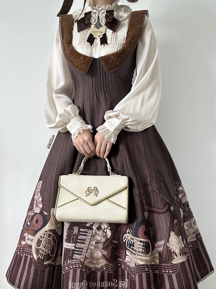 Braunes, elegantes Lolita-Kleid mit Violinen- und Klavier-Print unter der Brust