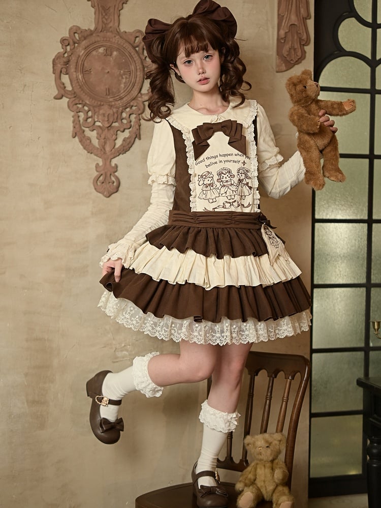 Bunny and Embroidery Tiered Dress Lamb Dropped with Waist Brown Hem Beige Lolita