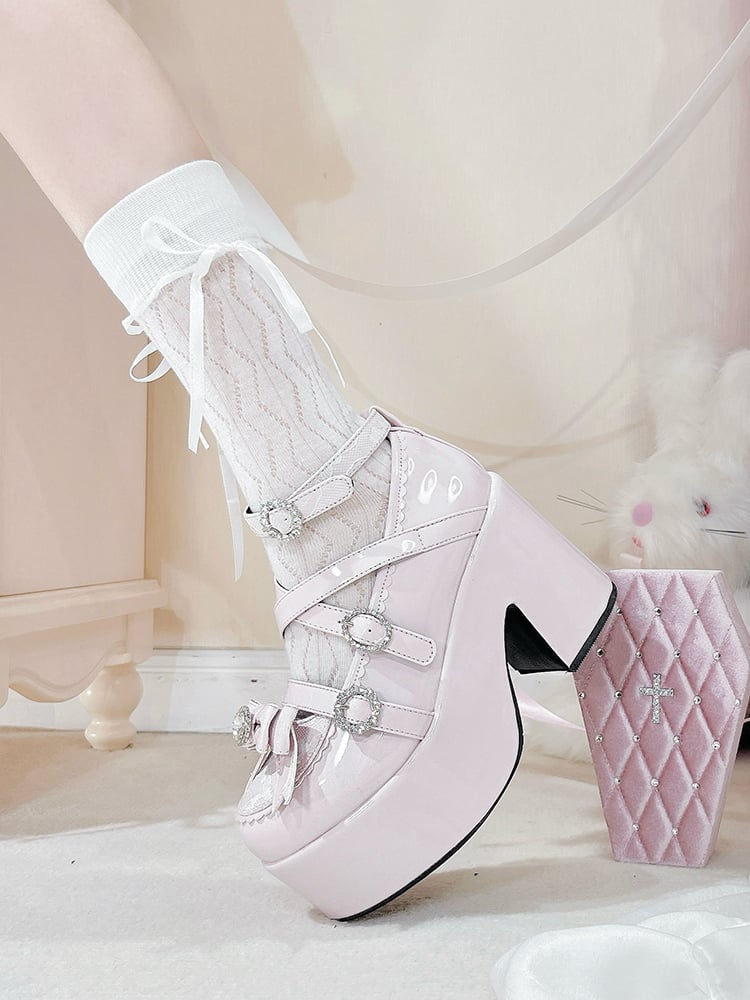 Polierte rosafarbene Jirai Kei Plateau-High-Block-Pumps mit Schleife und Strass