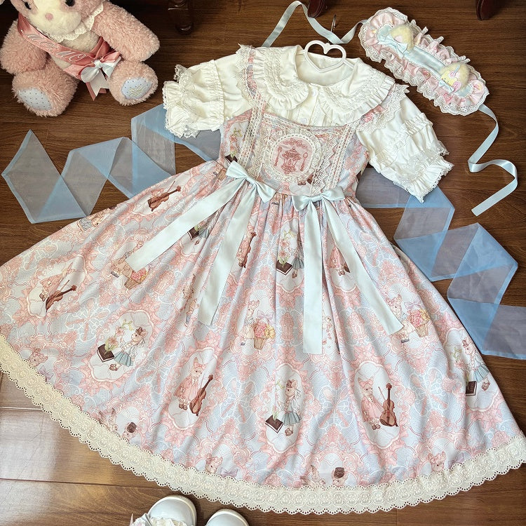 and Skirt Blue Waist Print High Lolita Bunny Violin Jumper Sweet