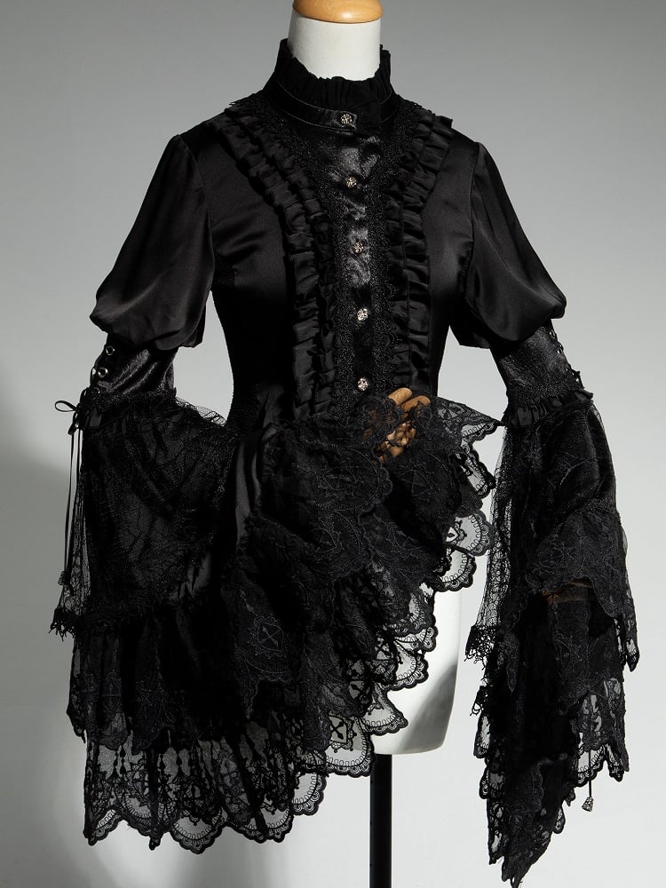 Neck Aristocrat Patched Fashion Lace Sleeves Black Shirt Ouji Bell Lolita Ruffled