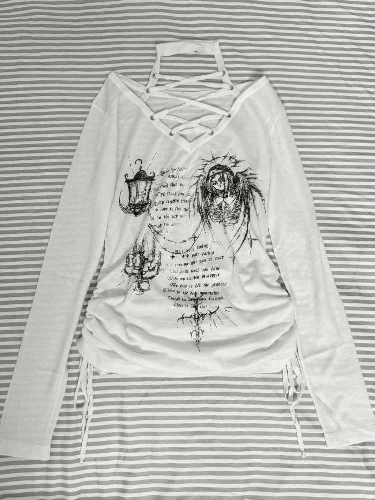 Cross White Print Side Drawstring Details Lace-Up Halter Top with Candlelight Shadow