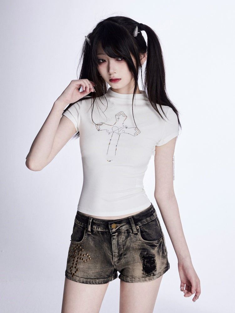 Glamorous Denim Shorts Waist Cross Studs Distressed Black Low