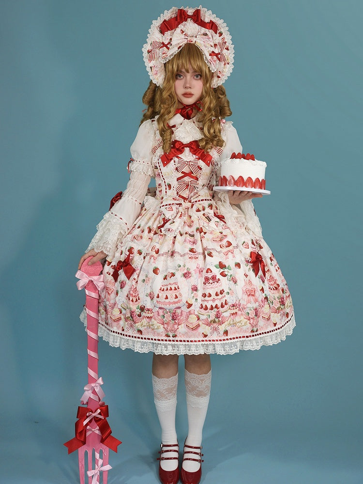 Sweet Bow JSK Full Lolita Accents Print / White Desserts and Set Strawberry