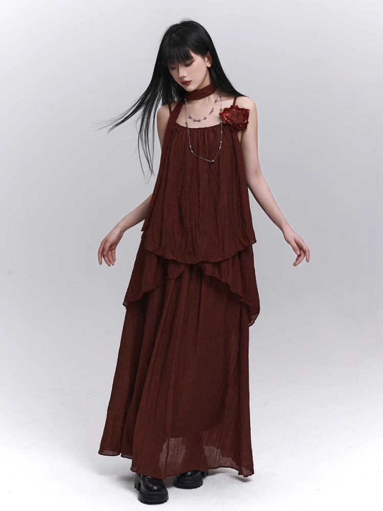 with Scarf Embellished Wine Red Floral / Cami Top