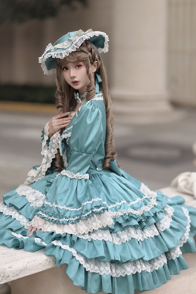 Türkisgrünes Lolita-Kleid mit Stufenrock und langen Ärmeln