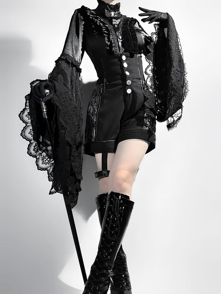 Neck Aristocrat Patched Fashion Lace Sleeves Black Shirt Ouji Bell Lolita Ruffled