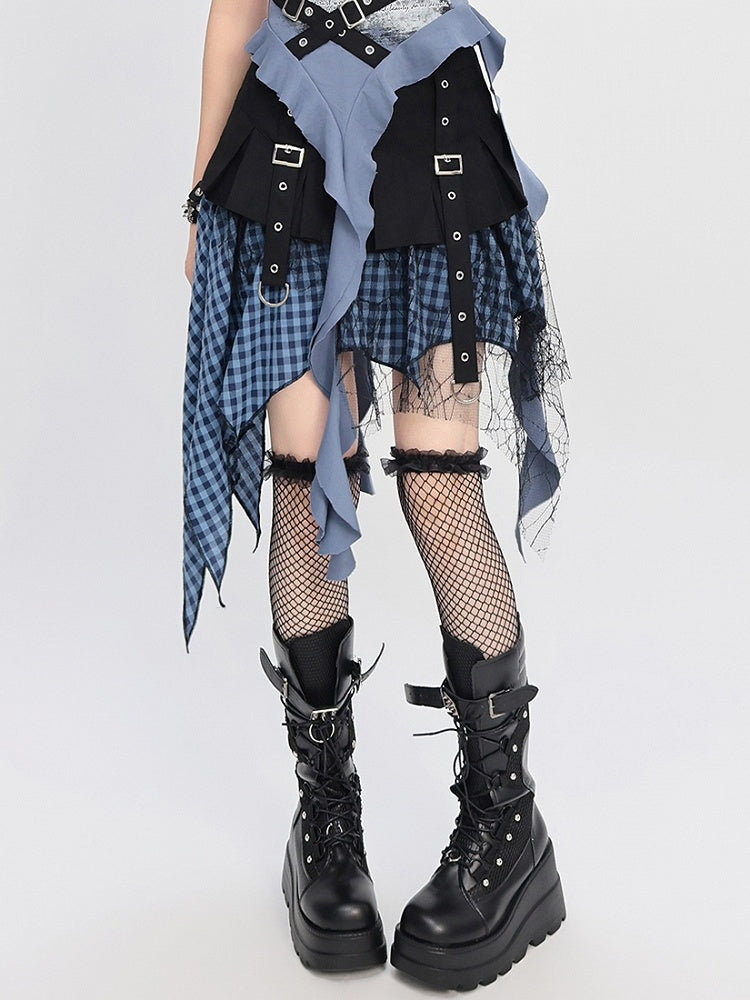 Handkerchief Hem Mesh Patchwork Y2K Black Blue/ White Plaid Skirt Black